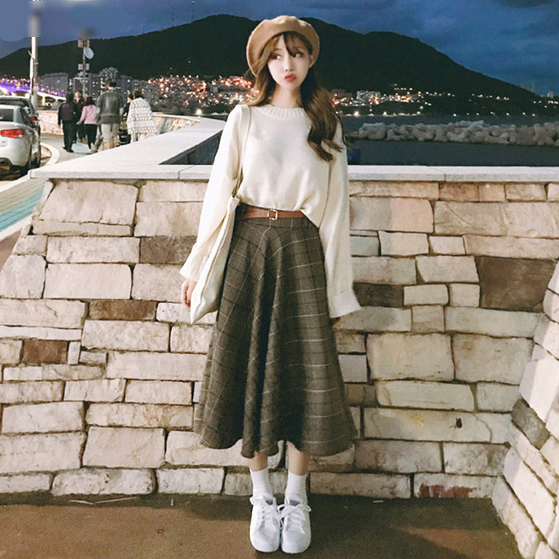 Korean Style Woolen Skirt Long Ladies Plaid Maxi Skirt Women Plaid